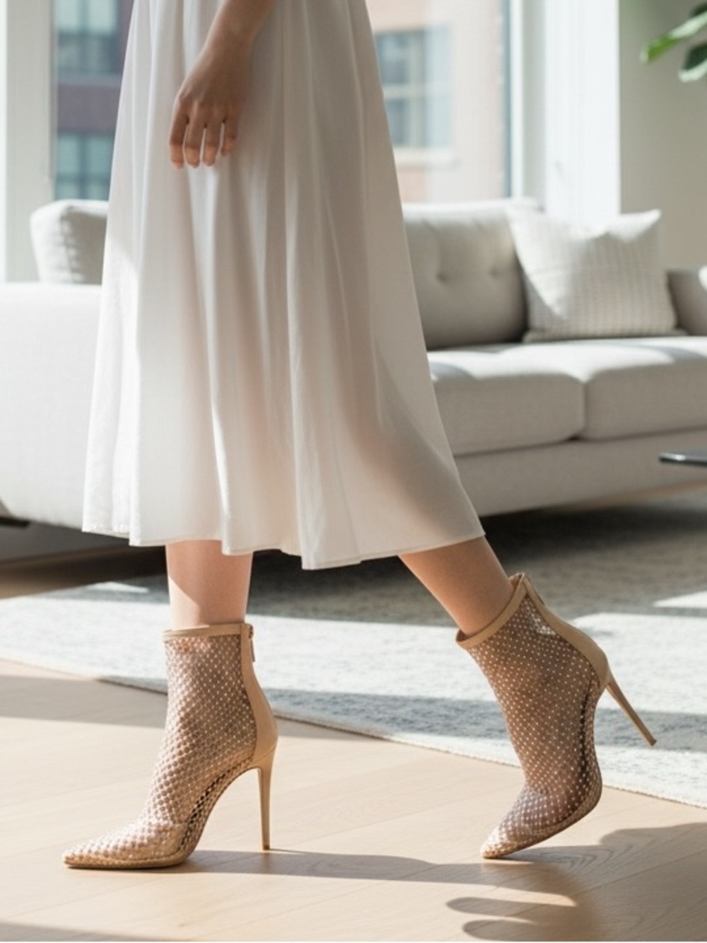 Charles by Charles David -Nude Mesh Crystal Ankle Booties - stilettos heels, 8.5